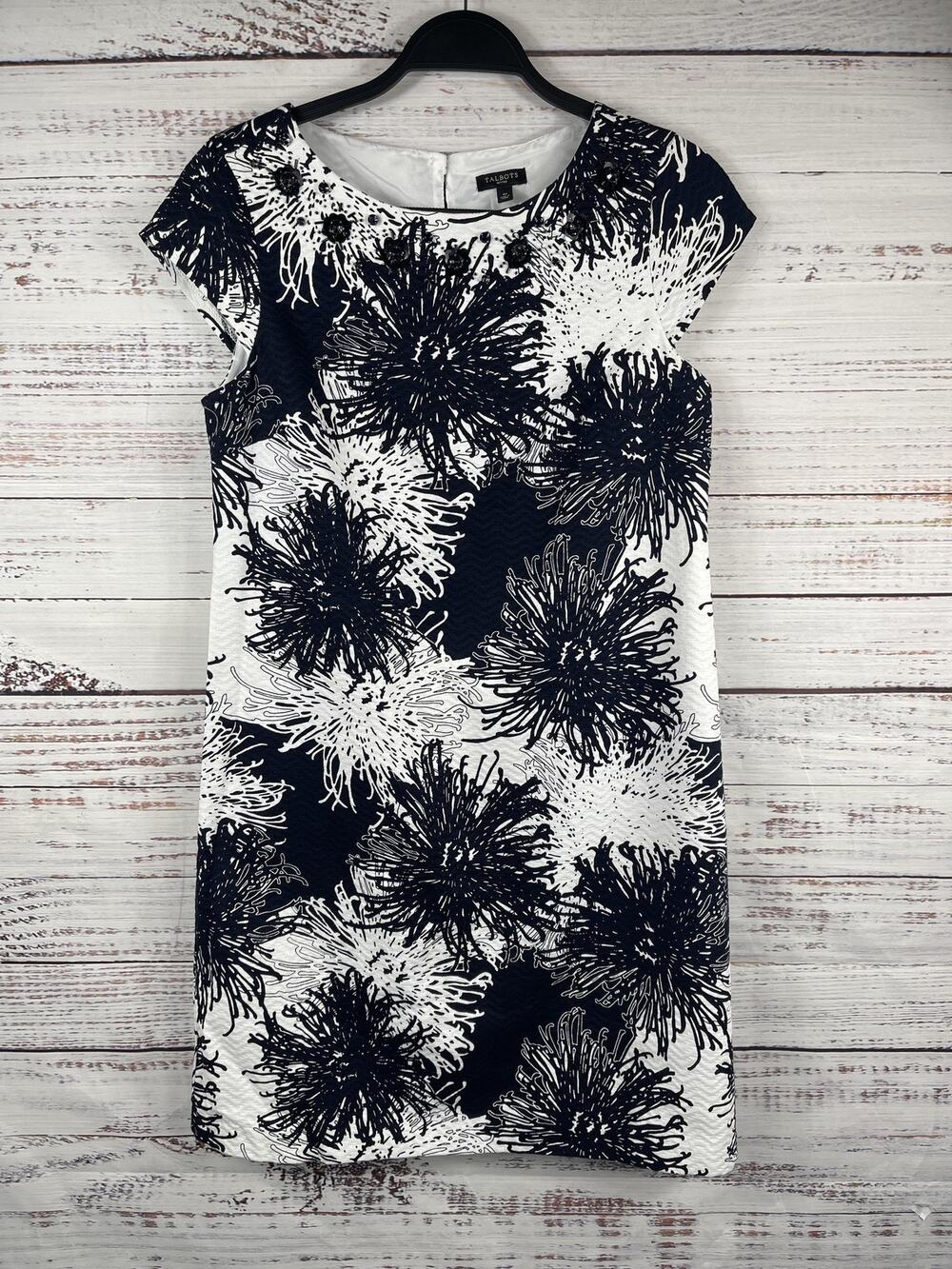 Talbots Dress Women's Size 4P White Navy Floral Beaded Shift Petites Cotton